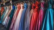 Colorful dresses in modern luxury boutiques, evening dresses, wedding dresses, prom dresses, bridesmaid dresses.