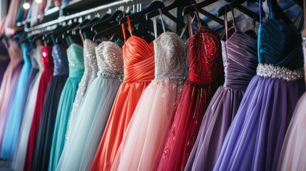 Poster - Colorful dresses in modern luxury boutiques, evening dresses, wedding dresses, prom dresses, bridesmaid dresses.