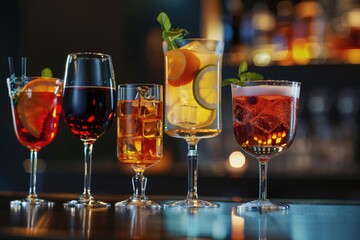 Poster - Row of wine glasses filled with different types of drinks, perfect for beverage industry promotions