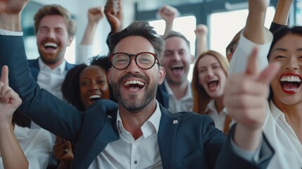 Poster - A diverse group of individuals raising their hands. Suitable for teamwork and diversity concepts