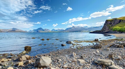 Poster - A serene view of a body of water surrounded by rocky terrain. Suitable for various nature-themed projects