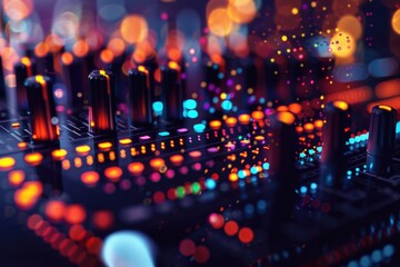 Canvas Print - Close up of a DJ mixer with colorful lights in the background. Perfect for music and nightlife concepts