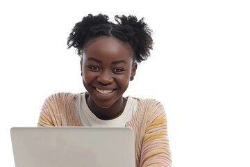 Poster - A woman sitting in front of a laptop computer. Perfect for business or technology concepts