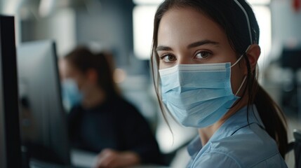 Poster - A woman wearing a face mask while working on a computer. Suitable for healthcare and technology concepts