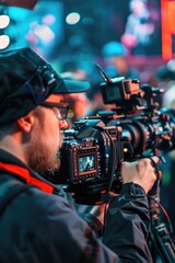 Aufkleber - A man with a camera facing a group of people. Suitable for social media posts