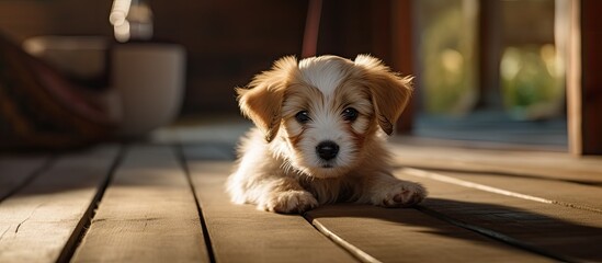 Poster - A brown and white dog, belonging to the sporting group breed, is lying bored on the wooden flooring. Its snout and terrestrial animal instincts are evident