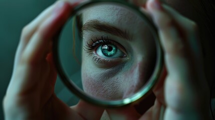 Poster - Close up of a person holding a magnifying glass. Perfect for educational or scientific concepts