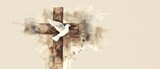 Fototapeta Desenie - Religious religion greeting card concept background - Watercolor painting illustration of a christian cross with a dove of peace in beige brown colors