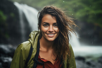 Canvas Print - Generative AI picture of cheerful cute girl exploring tropical exotic forest