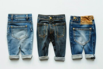 Aufkleber - Three pairs of jeans neatly arranged on a white surface. Ideal for fashion or retail concepts