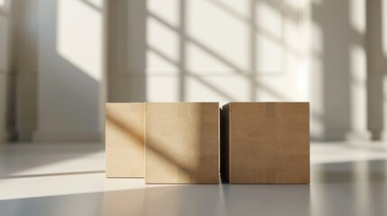Poster - Two brown boxes on a white floor, suitable for packaging and storage concepts