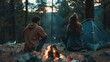 A man and a woman sitting next to a campfire. Suitable for outdoor and leisure concepts