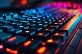 Fototapeta  - Low angle view of a computer keyboard with a blurred background.