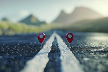 Aufkleber - Pin markers on a road with scenic mountains in the background, ideal for travel websites or navigation concepts