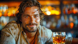 Fototapeta  - Handsome bearded man with a glass of beer in a pub