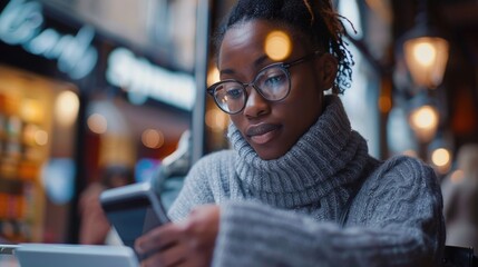 Poster - A woman in glasses looking at her cell phone. Perfect for technology and communication concepts