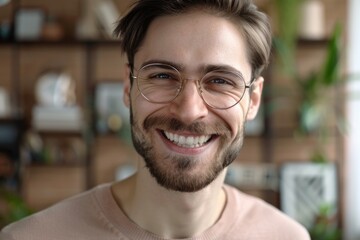 Aufkleber - A man with glasses and a beard smiling. Perfect for business or lifestyle concepts