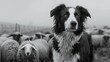 A dog standing in front of a herd of sheep. Suitable for agriculture and animal themes