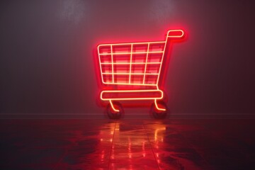 Poster - A neon shopping cart in a dark room. Perfect for retail or technology concepts