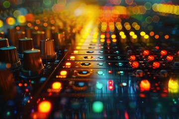 Poster - Close up of a mixer with colorful lights in the background. Suitable for party or event concepts