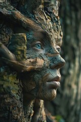 Poster - Close up of a person's face near a tree. Suitable for nature and outdoor concepts