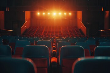 Poster - A deserted theater with vibrant red seats and dazzling lights. Ideal for theater or entertainment industry concepts