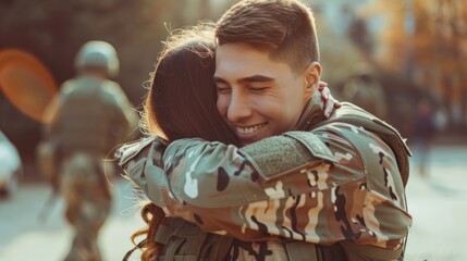 Wall Mural - Soldier embracing his wife on his homecoming. Serviceman receiving a warm welcome from his family after returning from deployment. Military family having an emotional reunion.