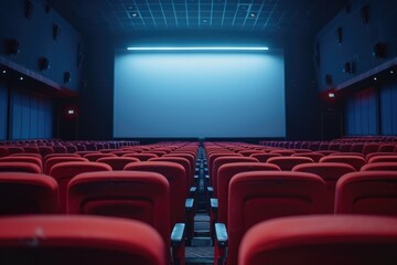 Poster - An empty theater with red seats and a projector screen. Suitable for entertainment industry promotions