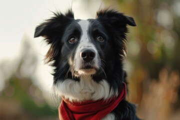 Wall Mural - A cute black and white dog wearing a festive red scarf, perfect for holiday designs