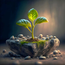 Solitary Plant Defies Odds, Emerging From Rocky Terrain, A Symbol Of Resilience, Ai Generated