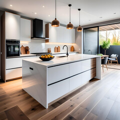 Beautiful new luxury home kitchen interior with kitchen island and wooden floor. Bright, modern, minimalist style. A chic color based on white. Counter seats with chairs.