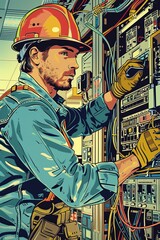 Wall Mural - A man in a hard hat and safety gear is diligently working on upgrading an outdated electrical panel. He is focused on the task at hand, ensuring safety and efficiency in the electrical system