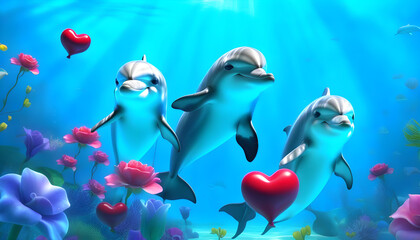 Wall Mural - Two dolphins swimming underwater with heart-shaped  and a colorful heart and flower backdrop