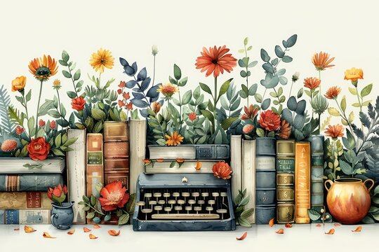 Typewriter, books and flowers, watercolor sketch for day of poetry or prose. Generative AI