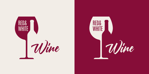 Wine Logo With Wine Glass And Bottle Red And White