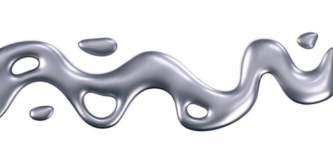 Wall Mural - 3d chrome liquid wave with drops isolated. Render of fluid metal ribbon with reflection gradient effect flying in motion concept for poster, cover. 3d vector geometric background.