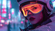 An astronaut wearing a modern suit explores a neon-lit urban environment, face obscured, highlighting futuristic exploration