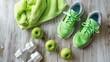 A pair of green sneakers and a towel are on a wooden surface