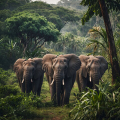 Elephants in Africa walking on the grass