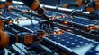 Robotic arms assembling solar panels on a line - Precision robotic arms engaged in the automated assembly of solar panels in a futuristic high-tech manufacturing line