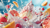 Fototapeta  - Dynamic image of vibrant fruit and ice cream splashes, capturing the essence of summer treats and indulgence.