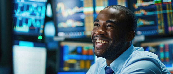 Wall Mural - Happy excited rich business man stock trading exchange market investor broker, businessman trader feeling winner looking at financial charts growth. Money win, stock market growth, success.