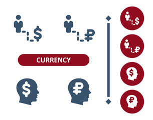 Wall Mural - Currency icons. Dollar, ruble, rouble, man, businessman, investing, wealth, job, career, head, thinking icon