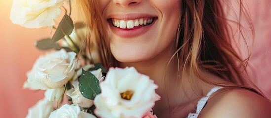 Wall Mural - A blond woman is smiling happily while holding a bouquet of white flowers. Her eyelashes flutter with joy as she admires the beautiful petals of the roses. This gesture marks a special event