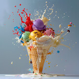 Fototapeta  - A playful and colorful display of various ice cream scoops mid-air with a dynamic paint splash background.