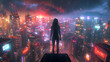 A figure stands atop a building, looking over a sprawling cyberpunk city under a dramatic stormy sky