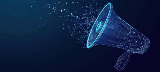 Poster - Digital transformation in communications: vibrant polygonal illustration of a megaphone emitting dynamic interconnected data particles