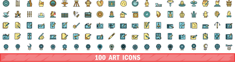 Poster - 100 art icons set. Color line set of art vector icons thin line color flat on white