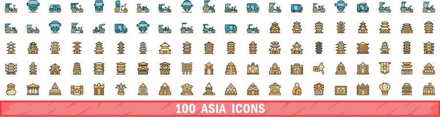Poster - 100 asia icons set. Color line set of asia vector icons thin line color flat on white