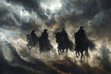 Fototapeta  - four horsemen silhouetted against a backdrop of swirling storms and crashing waves, heralding the end of days with dread and foreboding,